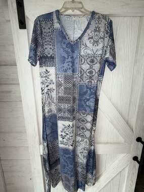 Unbranded Patchwork Print V-Neck T-Shirt Dress Size L